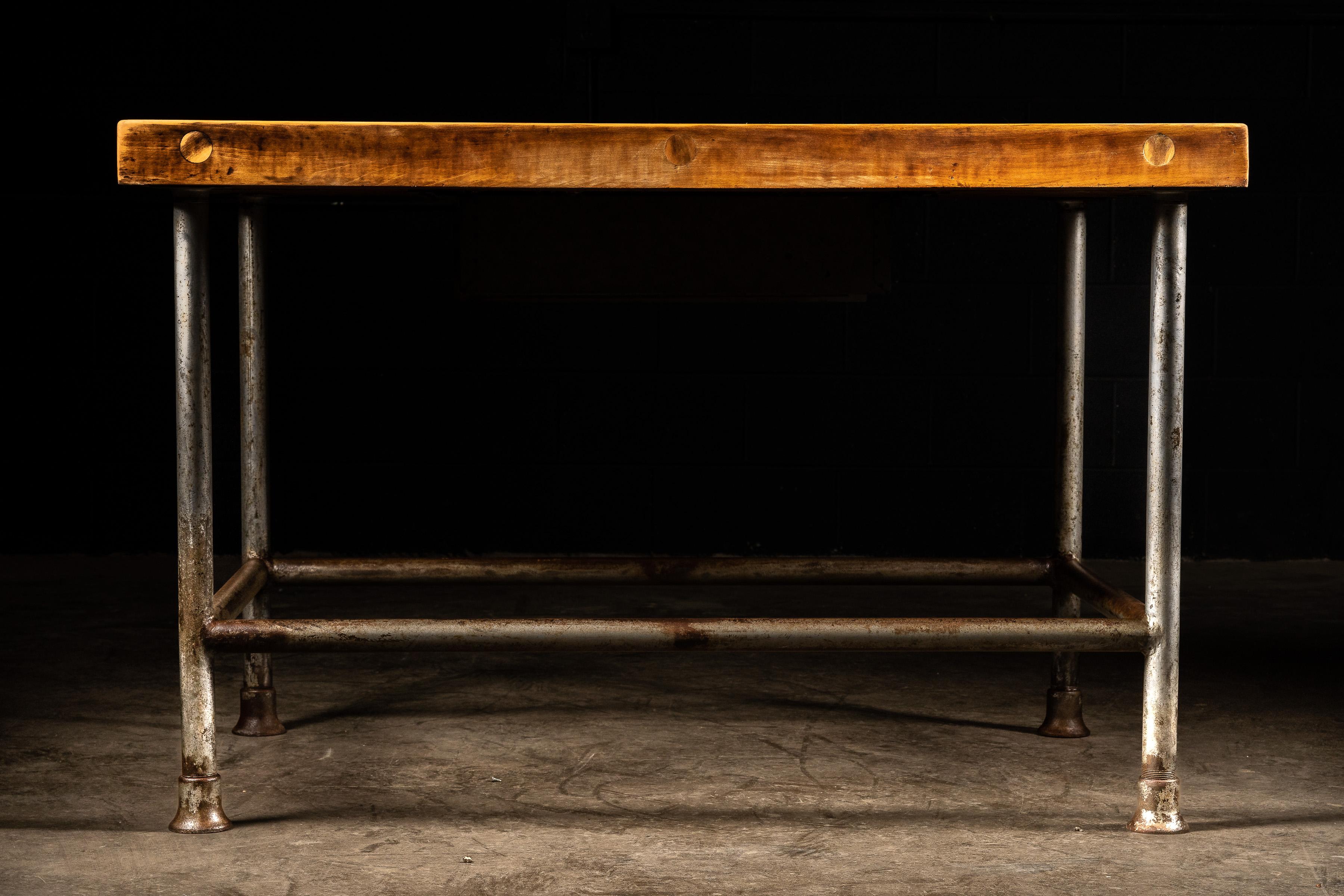 Vintage Butcher Block Table With Large Steel Drawer For Sale 1