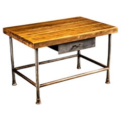 Vintage Butcher Block Table With Large Steel Drawer