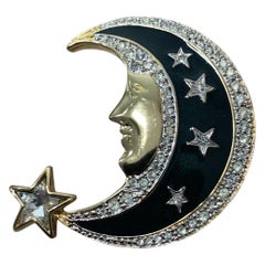 Vintage Butler and Wilson Enamel Crescent Moon and Stars Brooch Pin