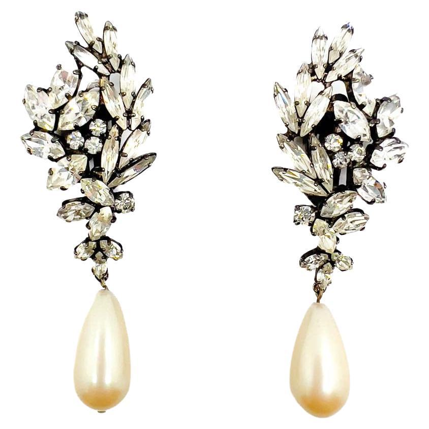 Vintage Butler & Wilson Crystal & Pearl Droplet Earrings 1980s For Sale