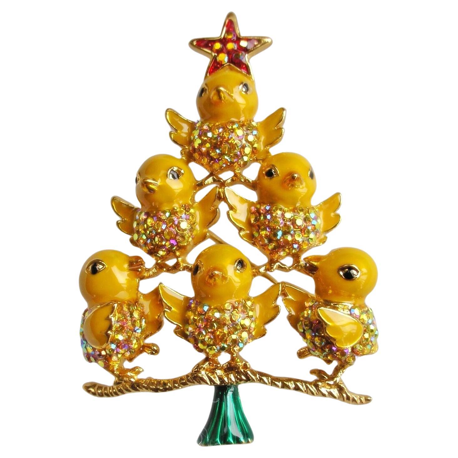 Vintage Butler & Wilson Designer Signed Yellow Chicks Christmas Tree Brooch Pin