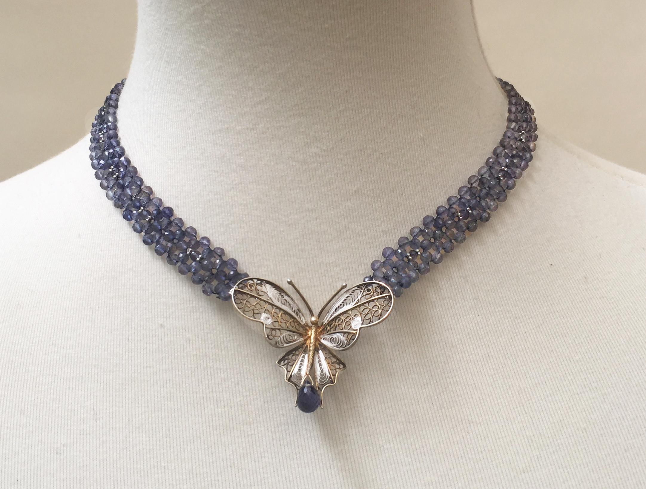 Women's Marina J. Vintage Butterfly on Woven Iolite Beaded Necklace with 14k White Gold
