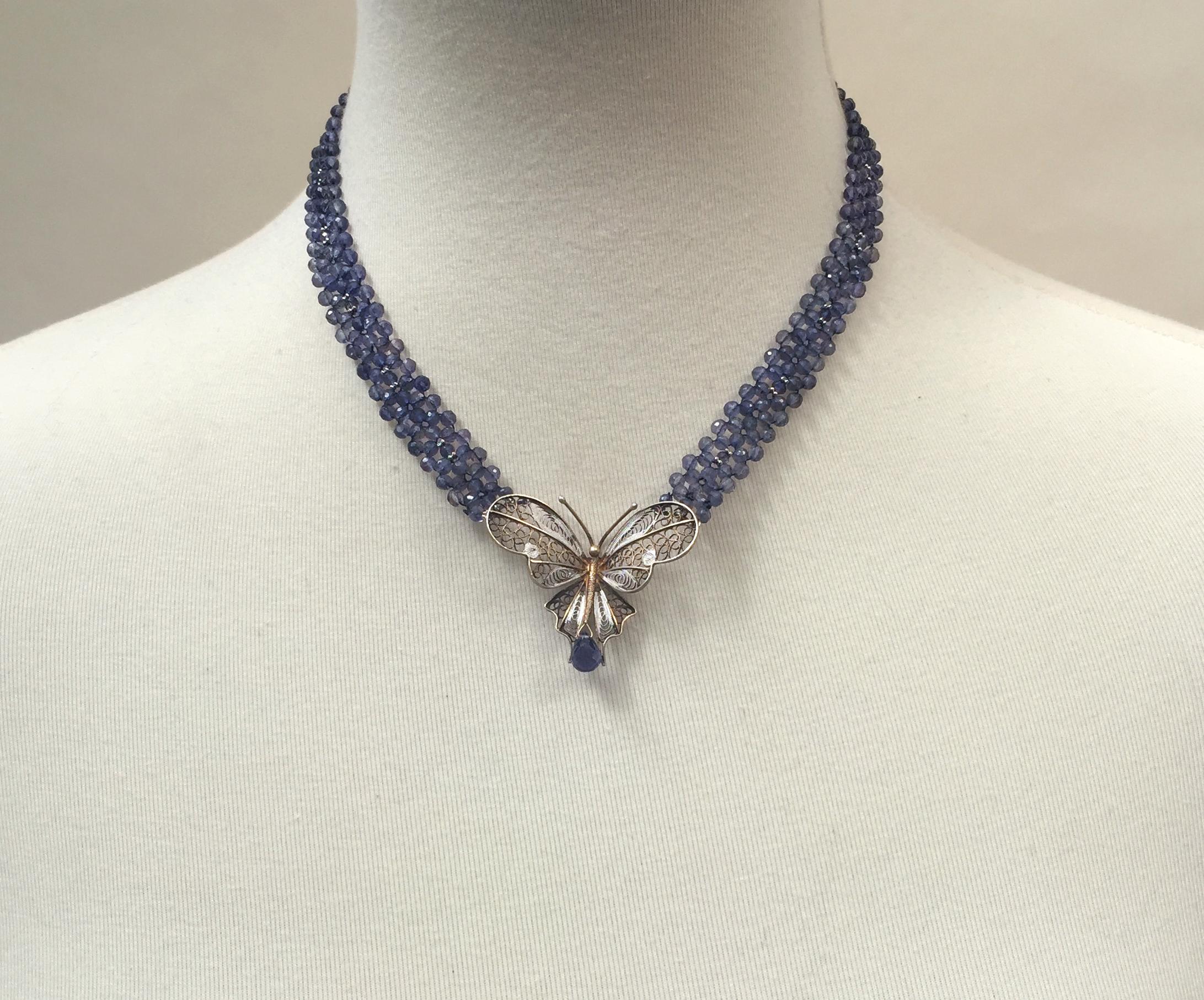 Marina J. Vintage Butterfly on Woven Iolite Beaded Necklace with 14k White Gold 2