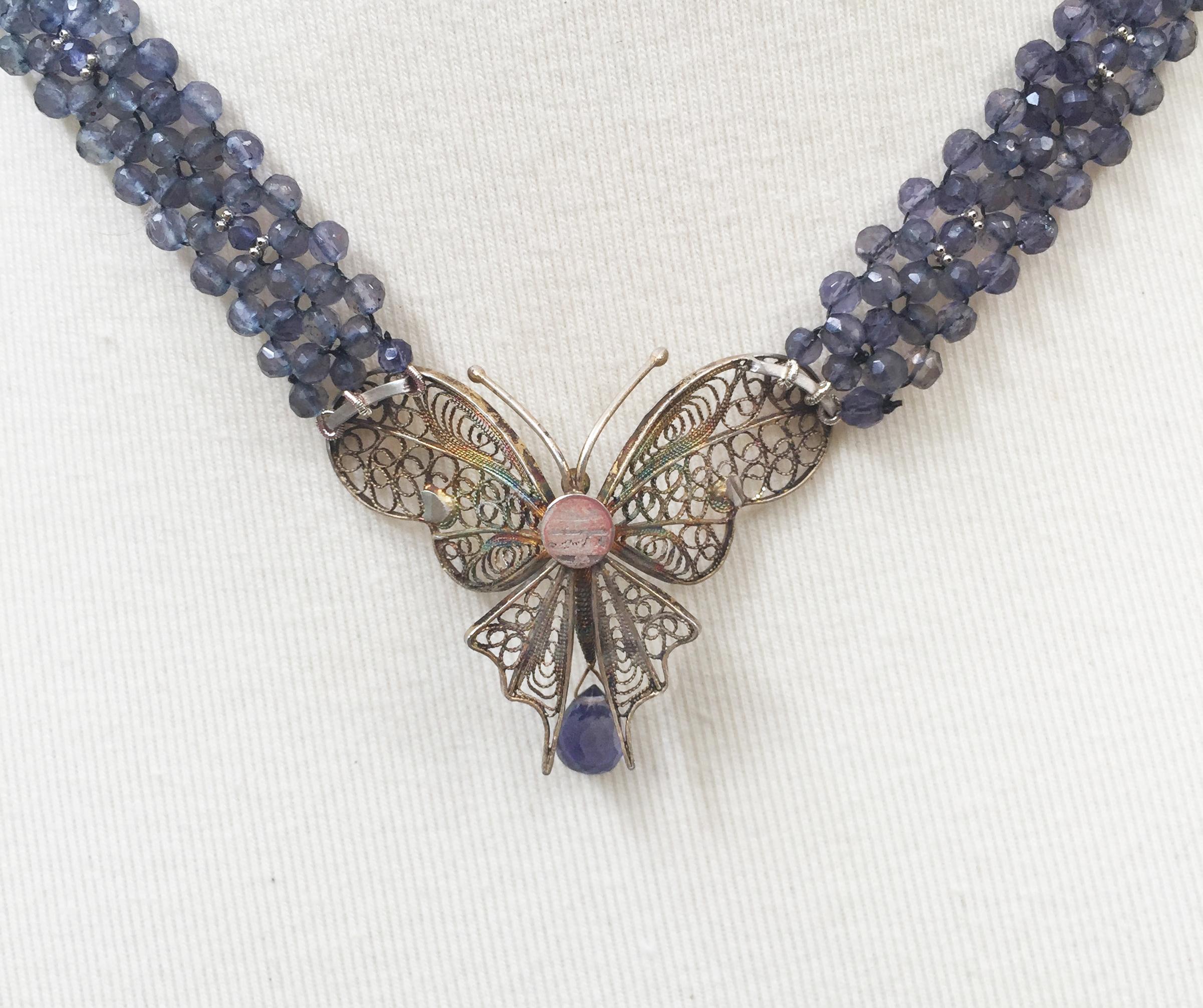Marina J. Vintage Butterfly on Woven Iolite Beaded Necklace with 14k White Gold 3