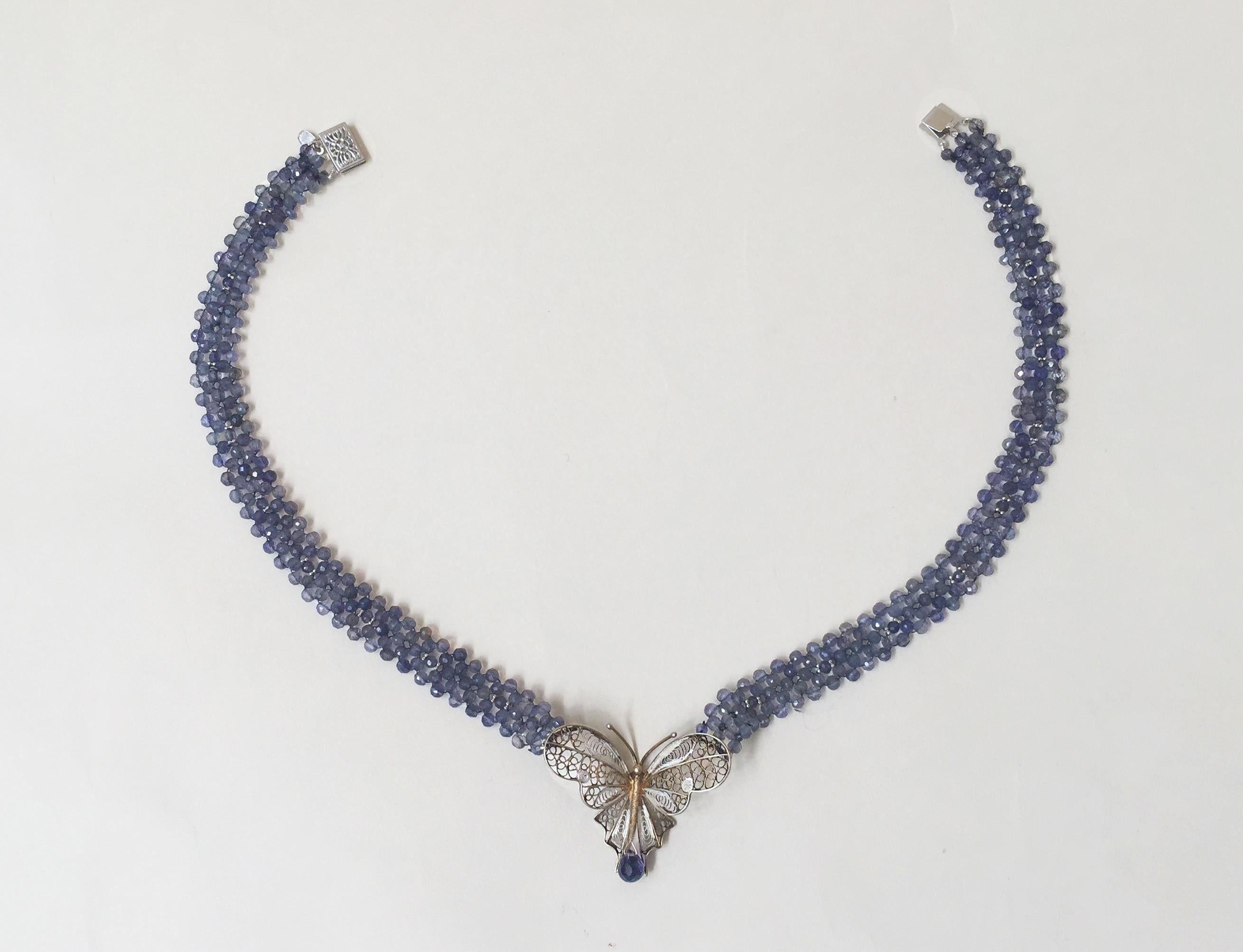 Artist Marina J. Vintage Butterfly on Woven Iolite Beaded Necklace with 14k White Gold