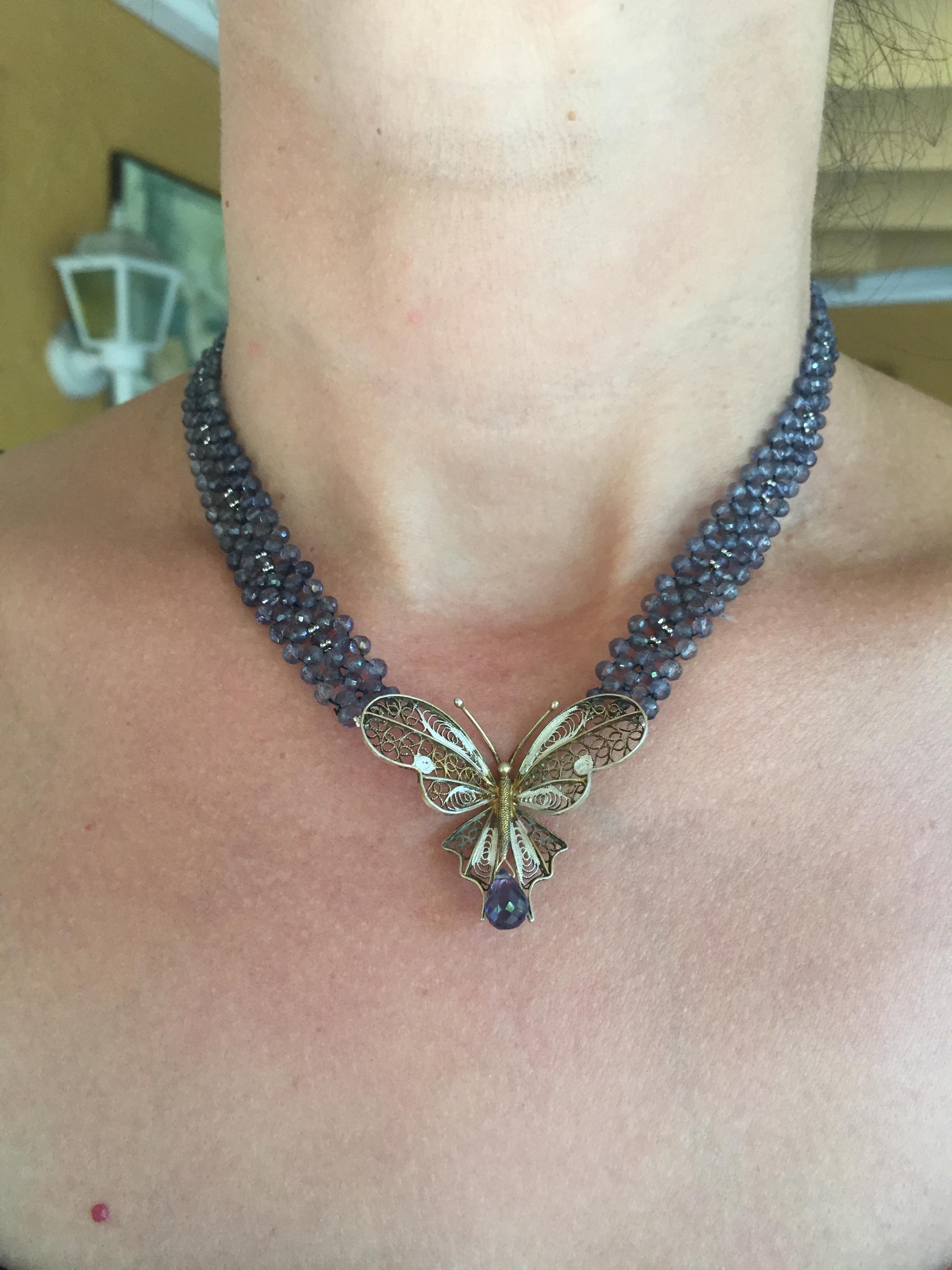 Marina J. Vintage Butterfly on Woven Iolite Beaded Necklace with 14k White Gold 4