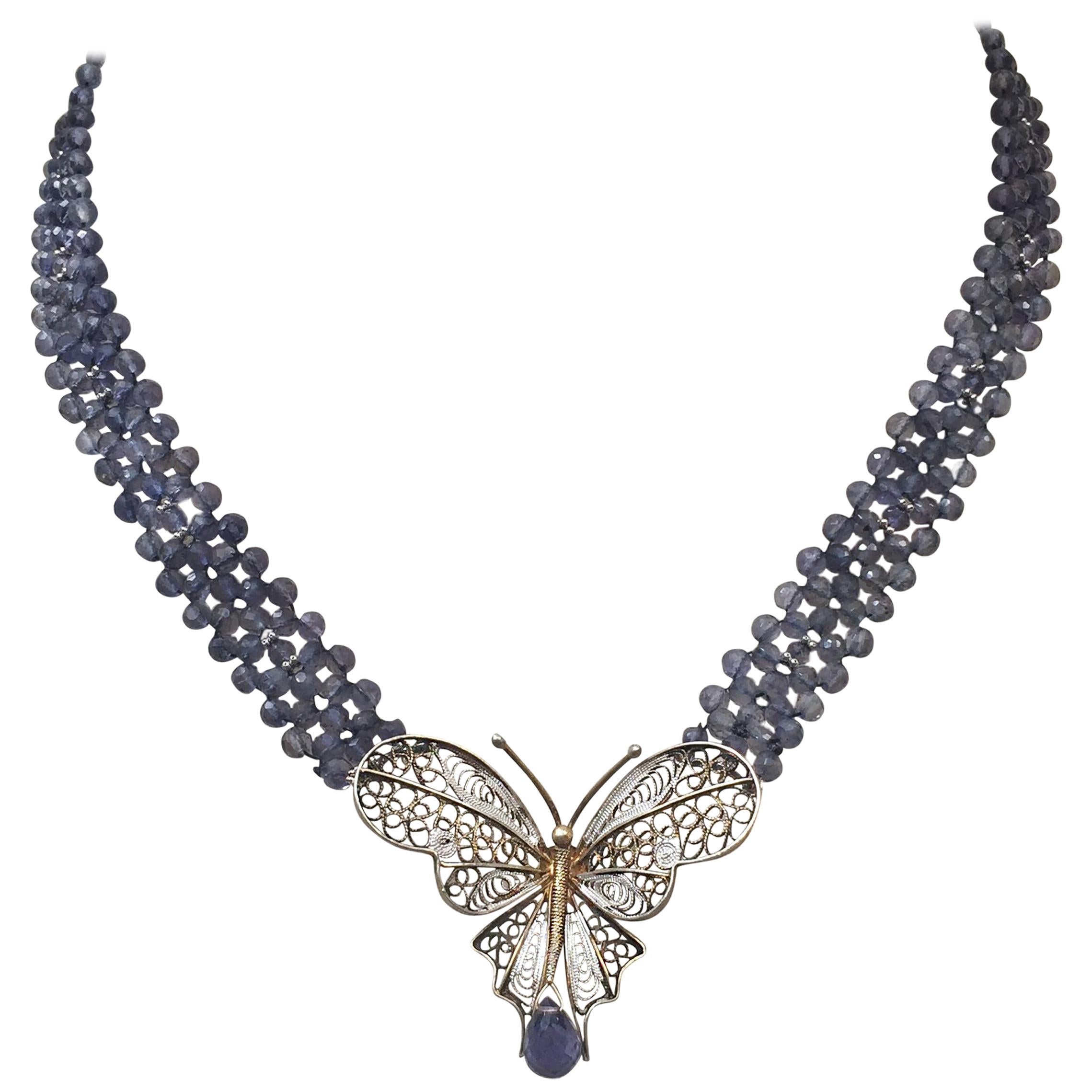 Marina J. Vintage Butterfly on Woven Iolite Beaded Necklace with 14k White Gold