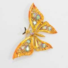 Vintage Butterfly Brooch, Aurora Borealis Crystals and Orange Iridescent Enamel
