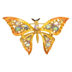Vintage Butterfly Brooch, Aurora Borealis Crystals and Orange Iridescent Enamel