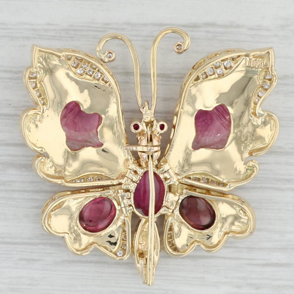 Oval Cut Vintage Butterfly Brooch with Moving Wings Tourmaline Ruby Diamond 18k Gold