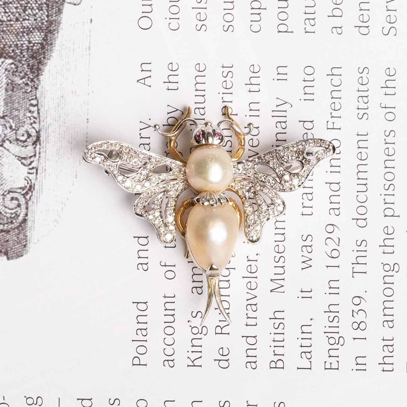 Round Cut Vintage Butterfly Brooch with pearls and diamonds insect For Sale