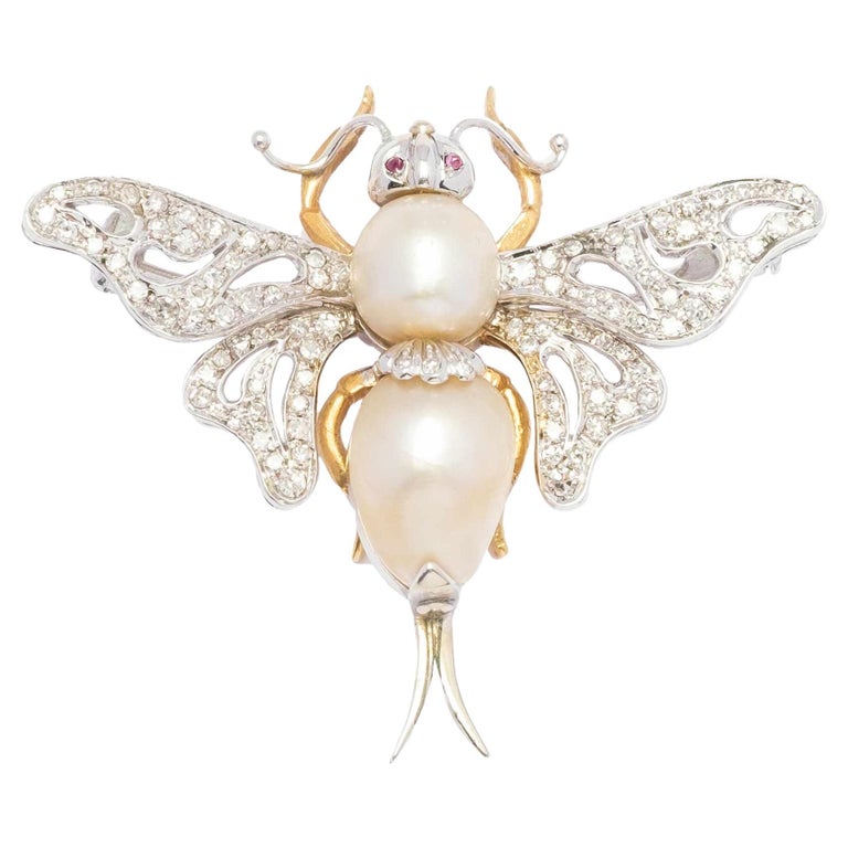 Broche Ancienne En Perles Motif Papillon - Bijou Vintage Occasion, à Restaurer Ou à Porter