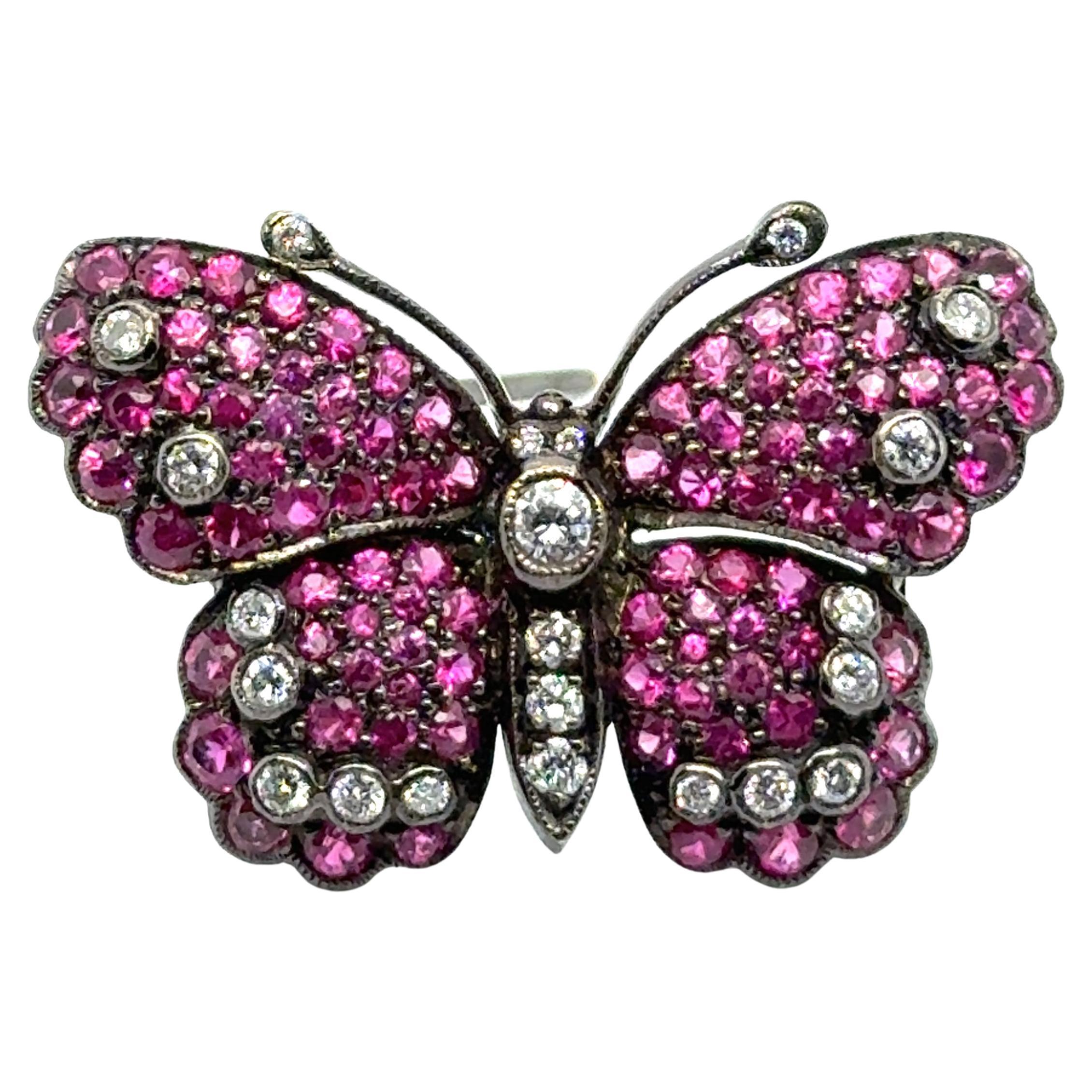 Vintage Butterfly Brooch with Sapphires & Diamonds in 18 Karat White Gold