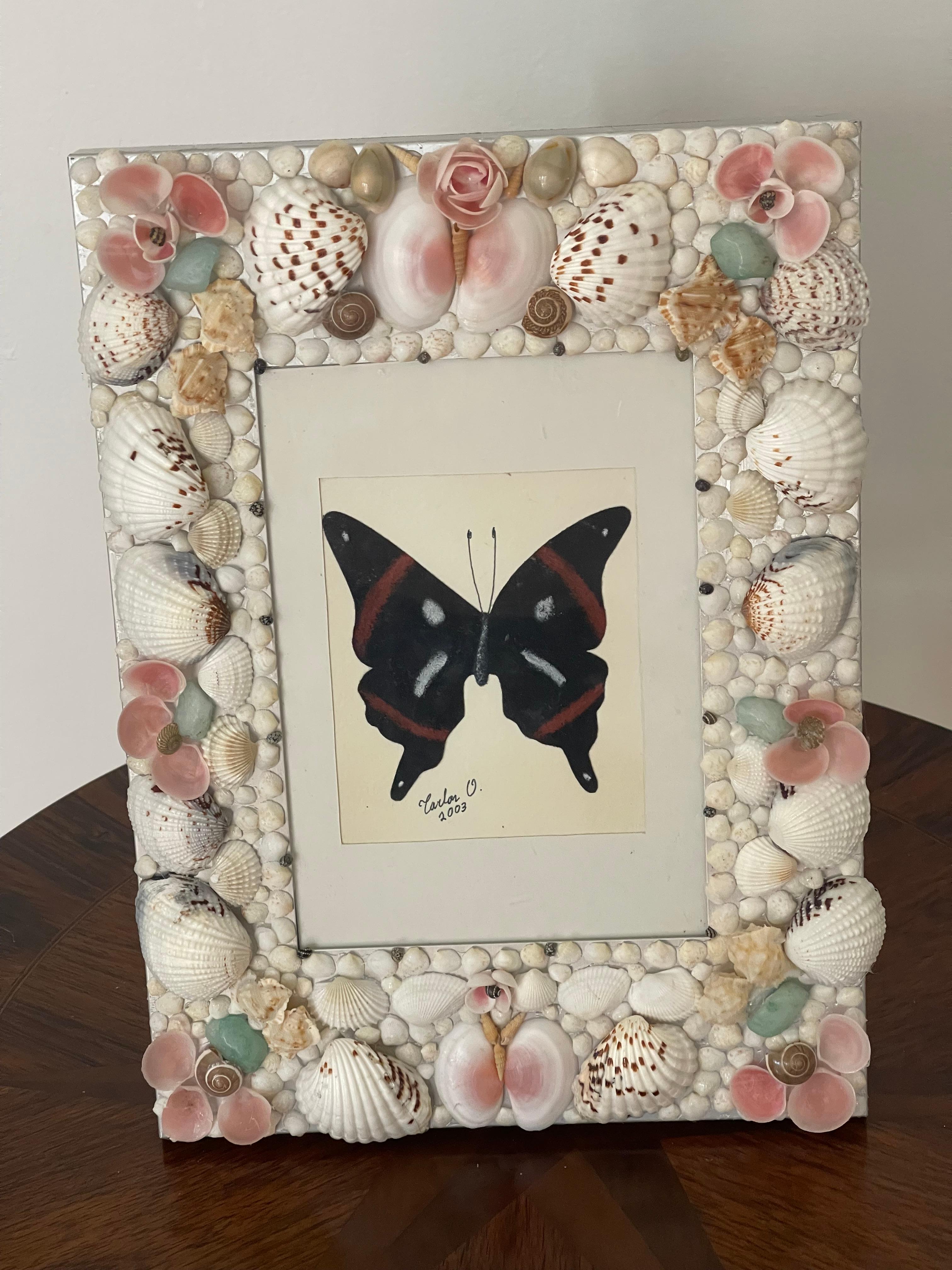 Vintage Schmetterling Collage in Shell verkrusteten Rahmen im Zustand „Gut“ im Angebot in Boca Raton, FL