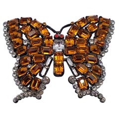 Vintage Butterfly Czech Brooch With Amber Crystals 1930's