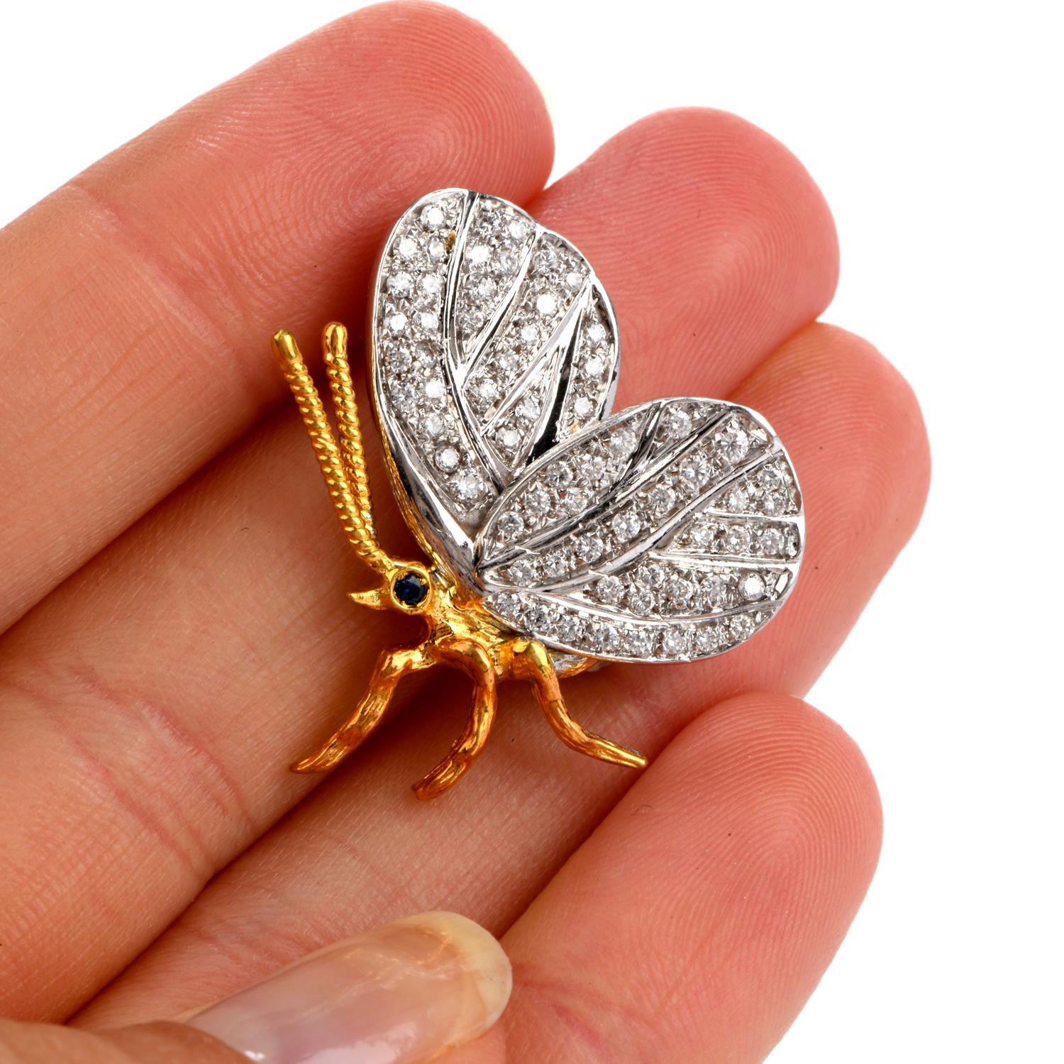 Vintage Butterfly Diamond Platinum 18 Karat Gold Pin Brooch In Excellent Condition In Miami, FL