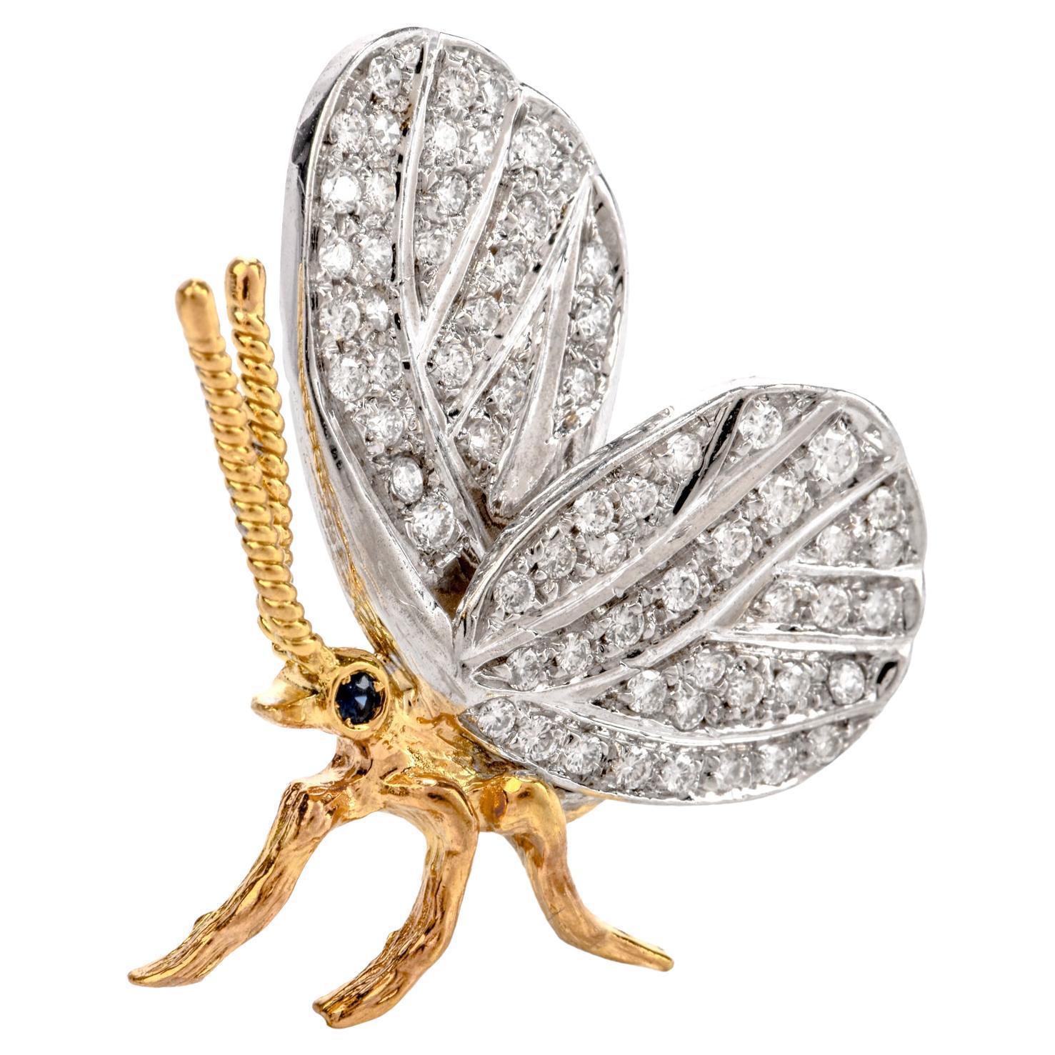 Vintage Butterfly Diamond Platinum 18 Karat Gold Pin Brooch