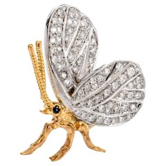 Retro Butterfly Diamond Platinum 18 Karat Gold Pin Brooch