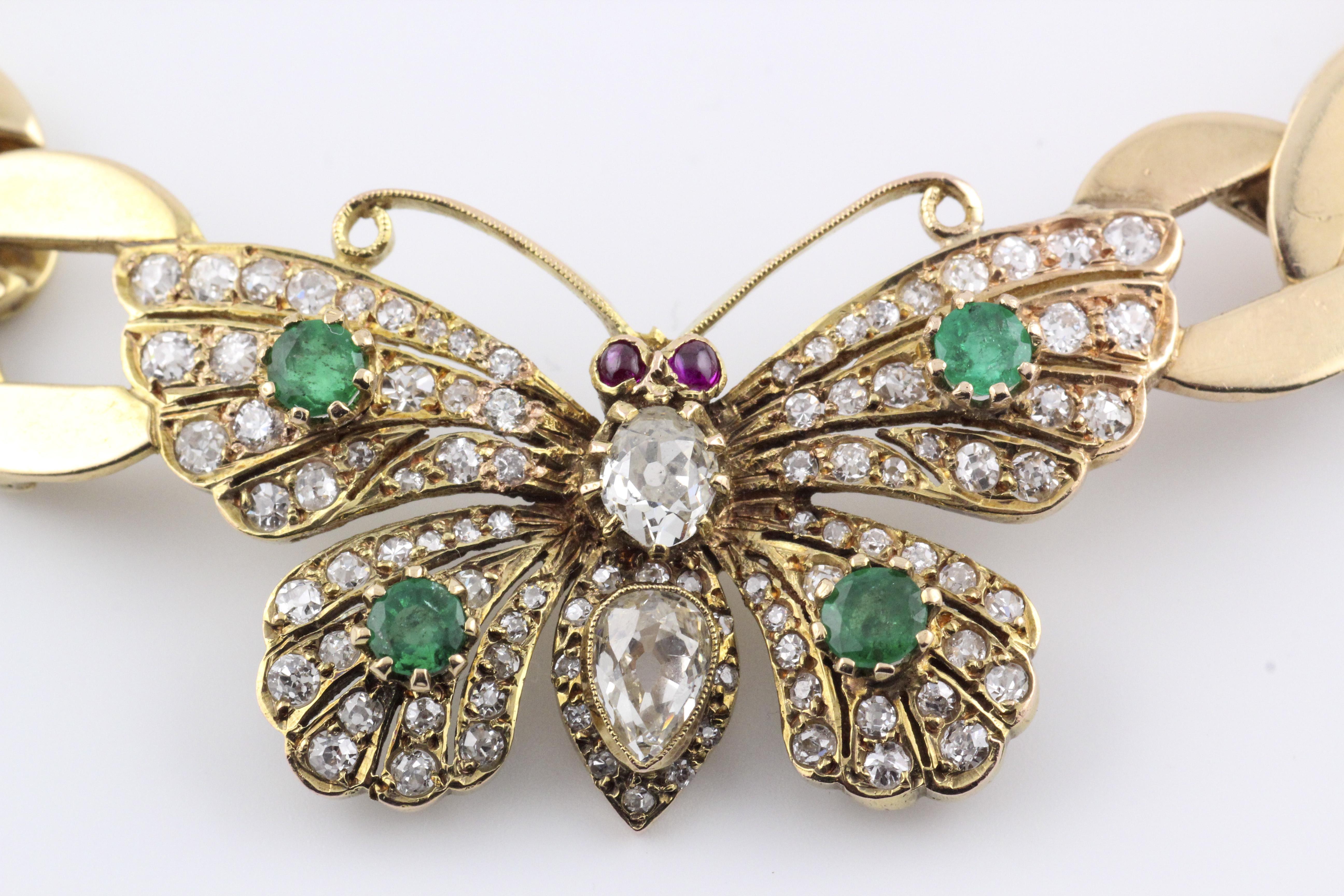 Brilliant Cut Vintage Butterfly Diamond Ruby Emerald 14K Yellow Gold Curb Link Necklace For Sale