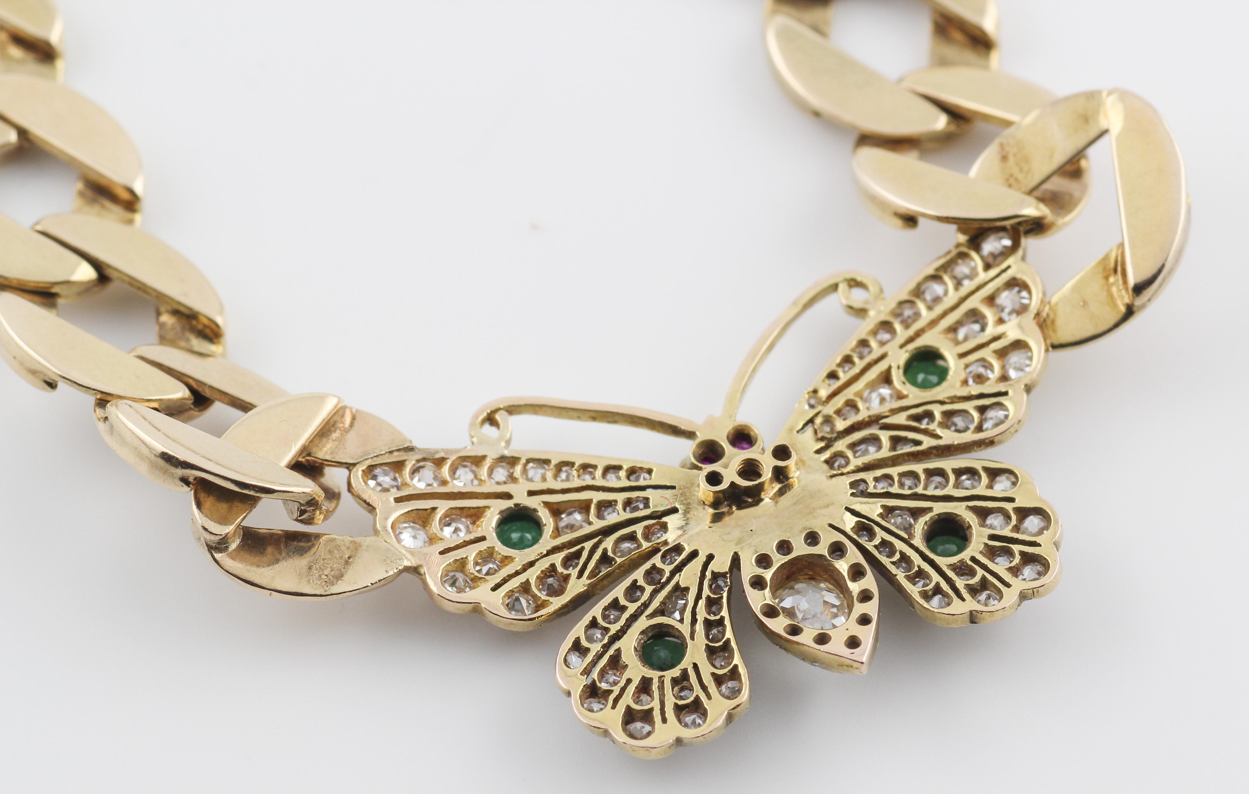 Women's Vintage Butterfly Diamond Ruby Emerald 14K Yellow Gold Curb Link Necklace For Sale