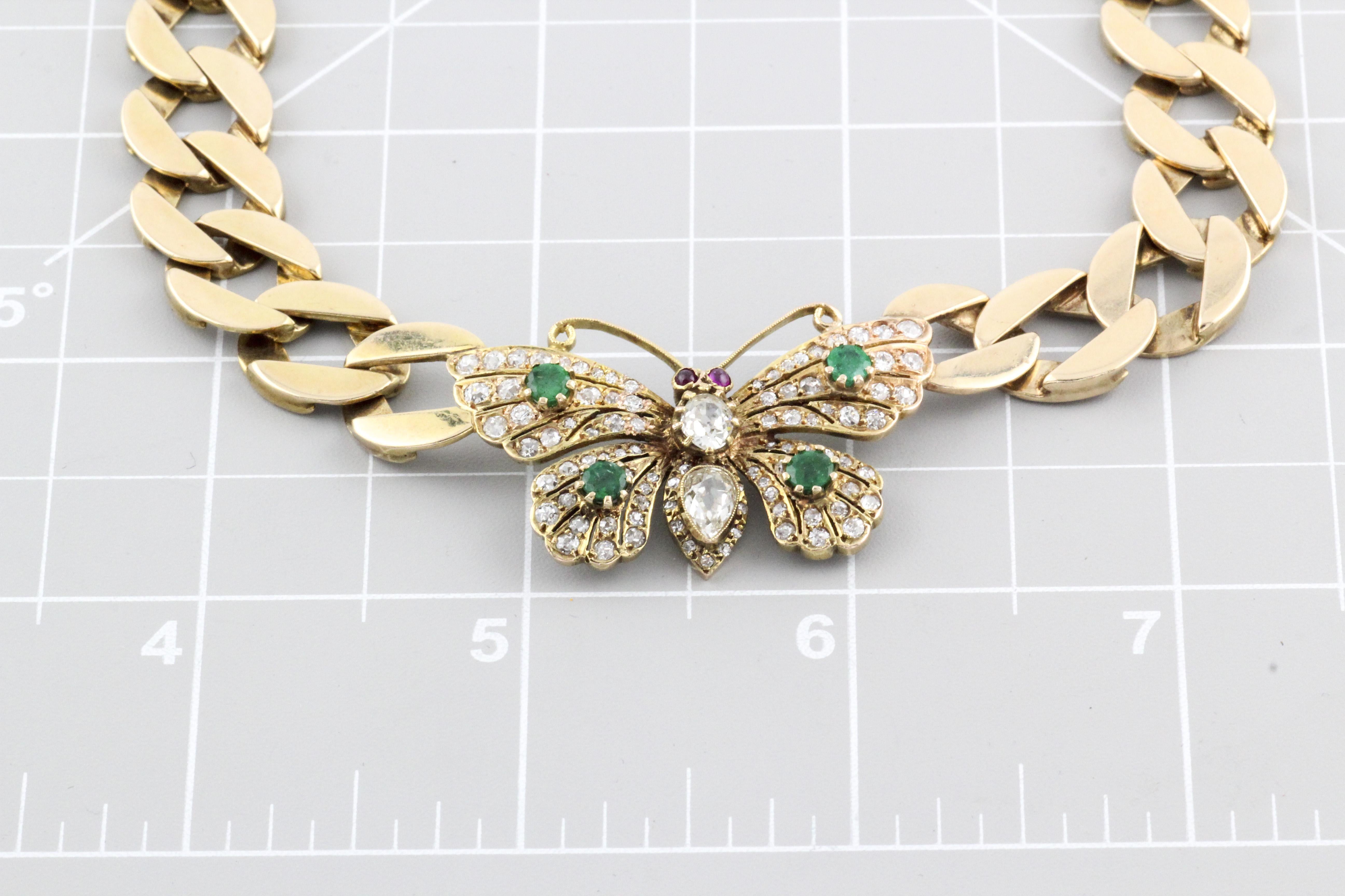 Vintage Butterfly Diamond Ruby Emerald 14K Yellow Gold Curb Link Necklace For Sale 2