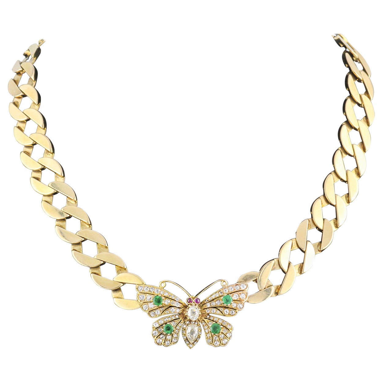 Vintage Butterfly Diamond Ruby Emerald 14K Yellow Gold Curb Link Necklace For Sale