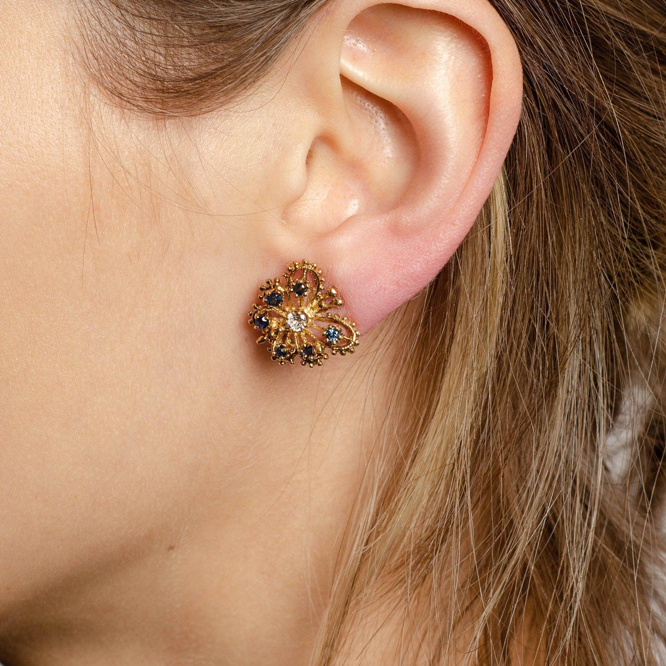 Pendientes Mariposa Vintage con Zafiros y Diamantes de Oro de 14k Contemporáneo en venta