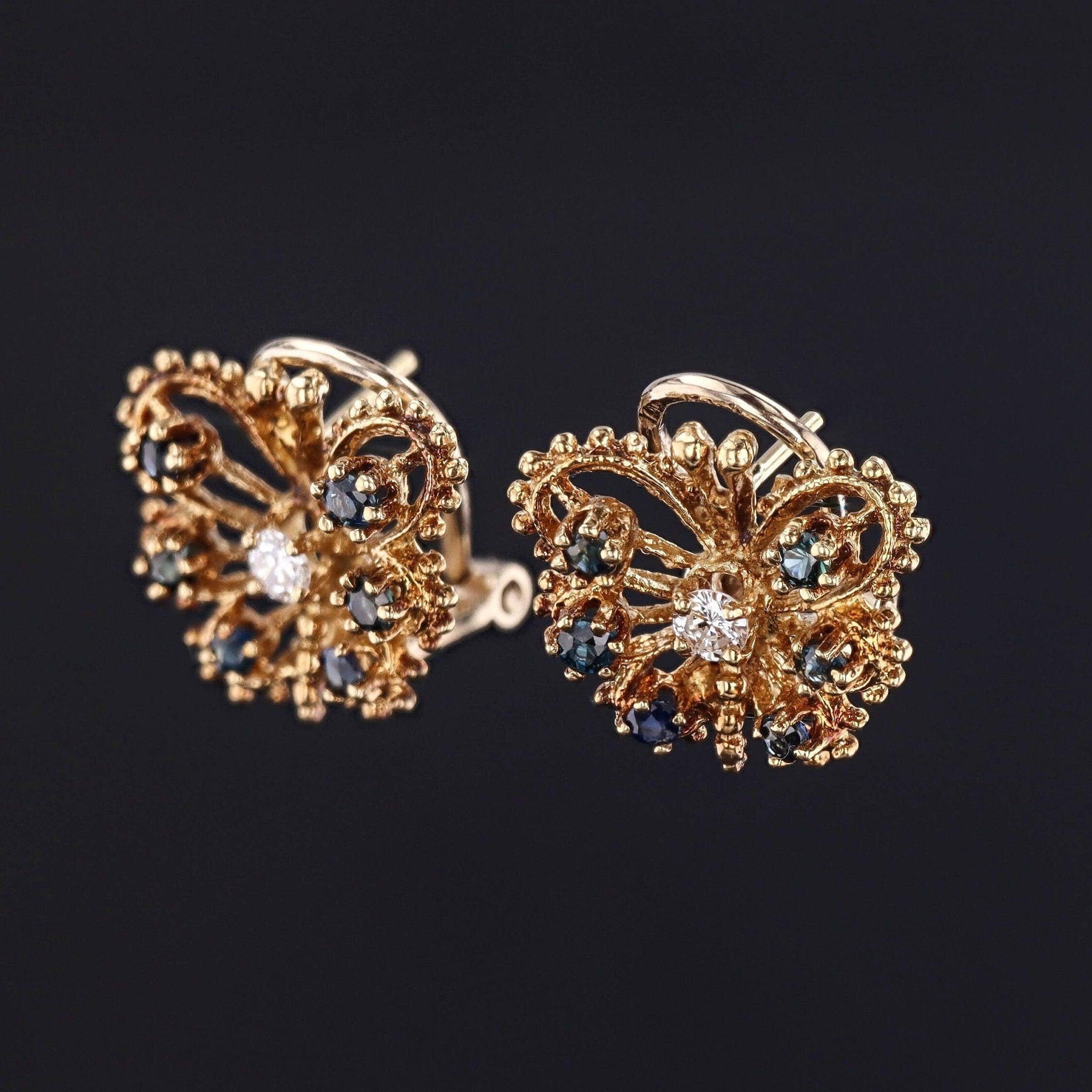 Pendientes Mariposa Vintage con Zafiros y Diamantes de Oro de 14k Corte redondo en venta