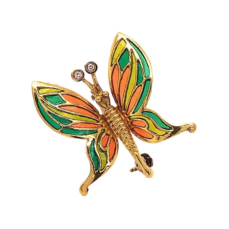 Vintage Butterfly Enamel and Diamond Brooch in 18 Karat Yellow Gold