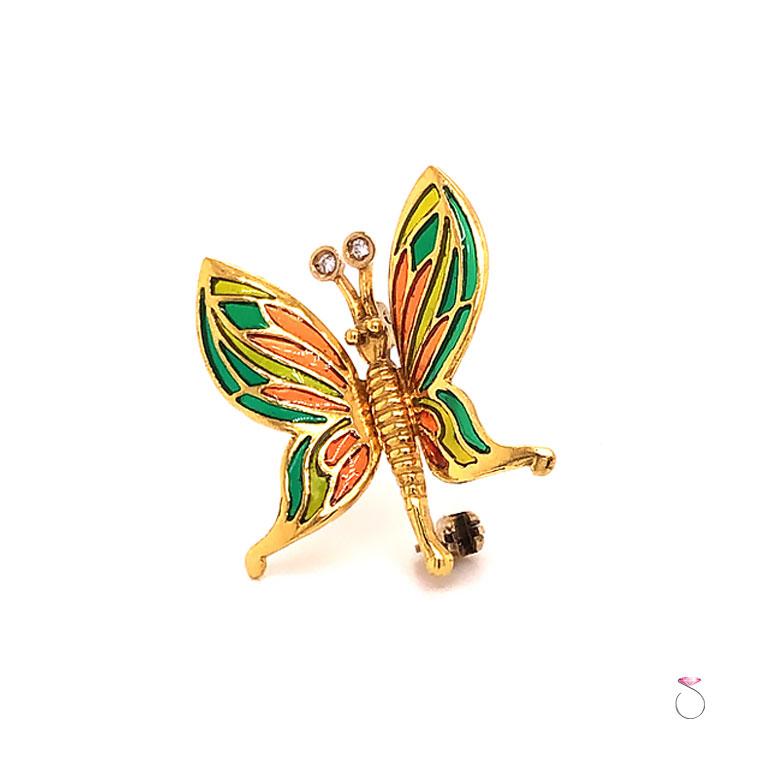 Women's or Men's Vintage Butterfly Enamel and Diamond Brooch in 18 Karat Yellow Gold