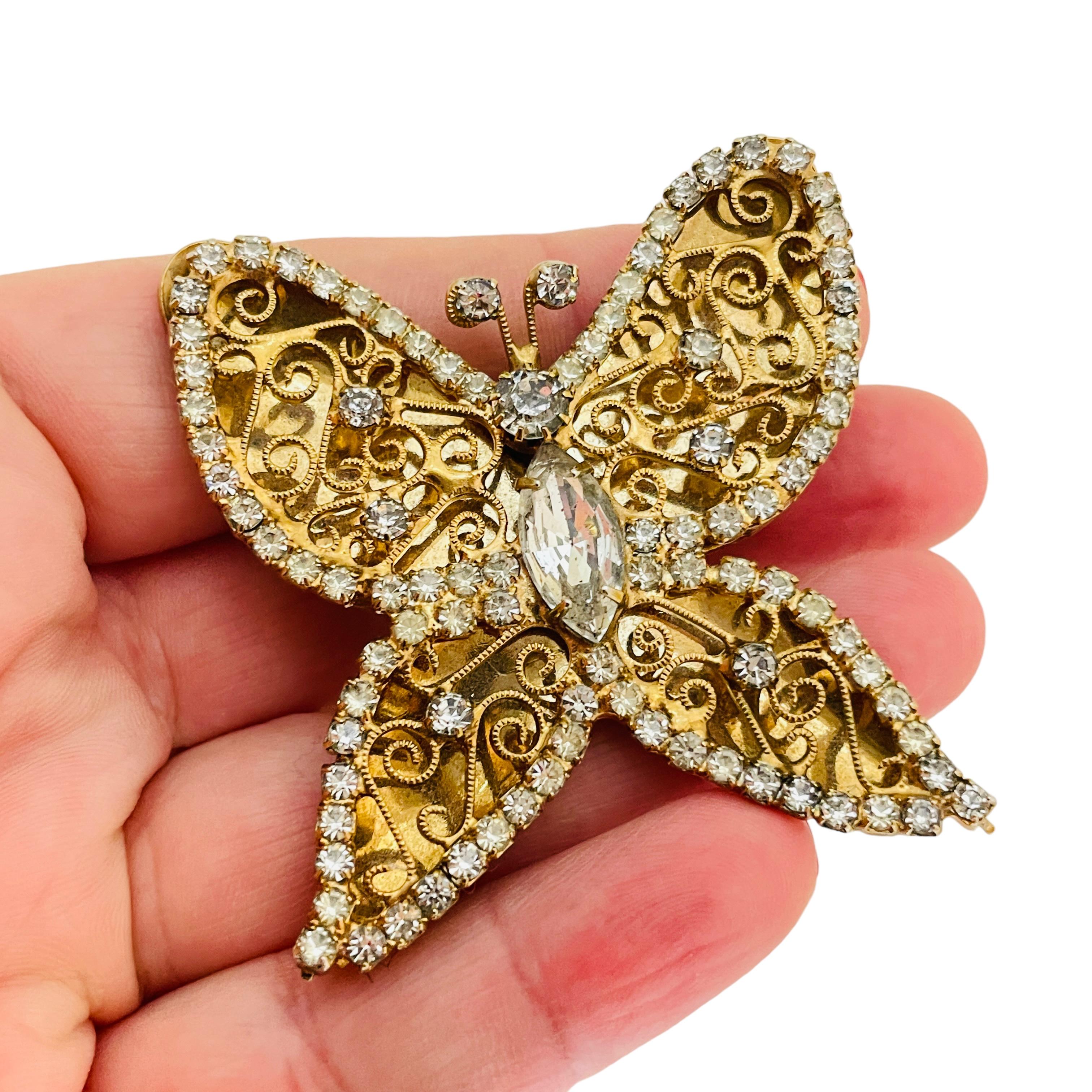 Women's or Men's Vintage butterfly gold rhinestone brooch pendant  For Sale
