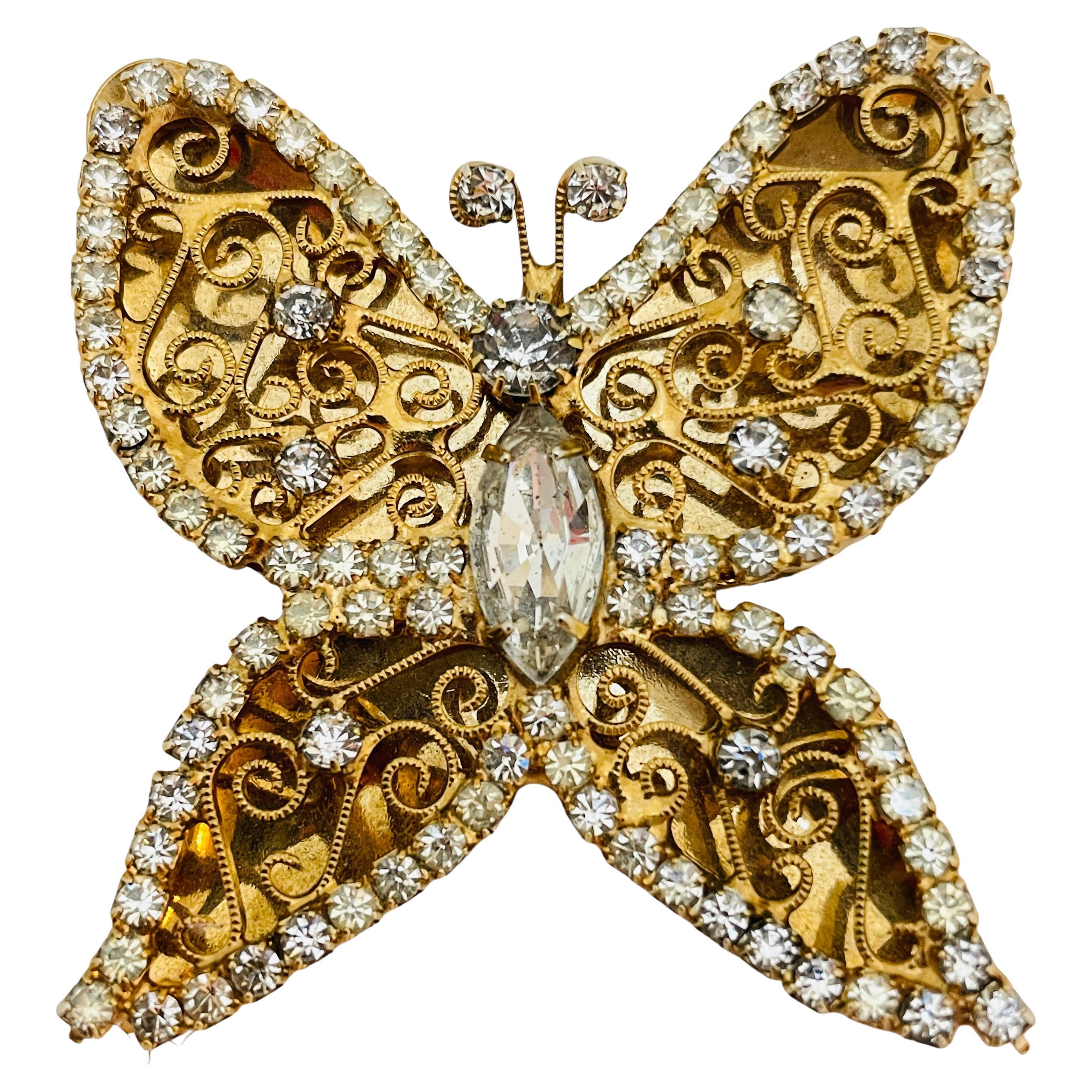 Vintage butterfly gold rhinestone brooch pendant  For Sale