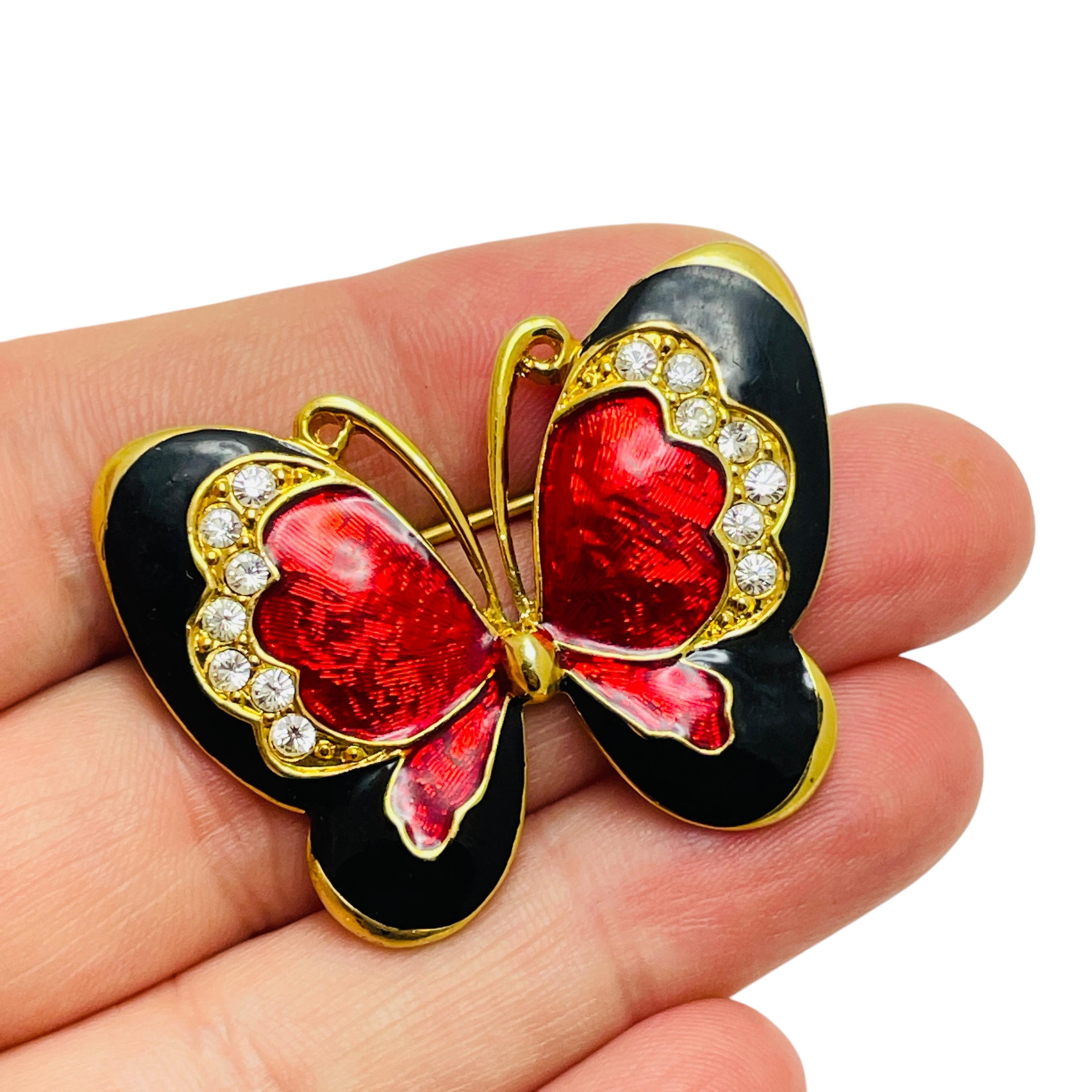 Women's Vintage butterfly gold tone rhinestone enamel designer brooch For Sale