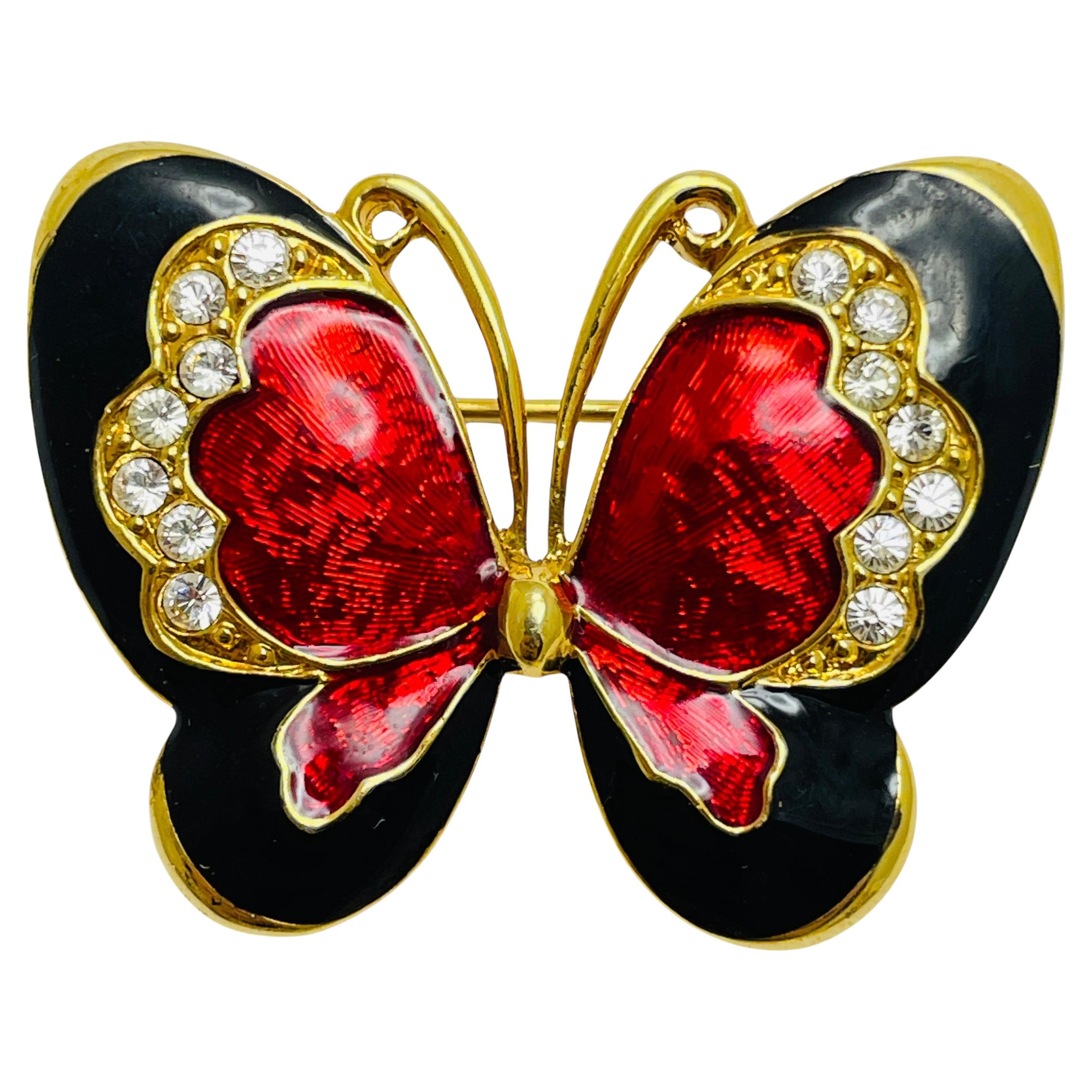 Vintage butterfly gold tone rhinestone enamel designer brooch For Sale