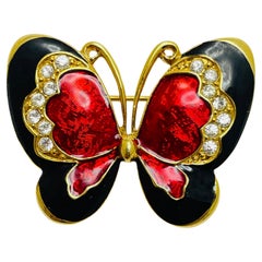 Vintage butterfly gold tone rhinestone enamel designer brooch