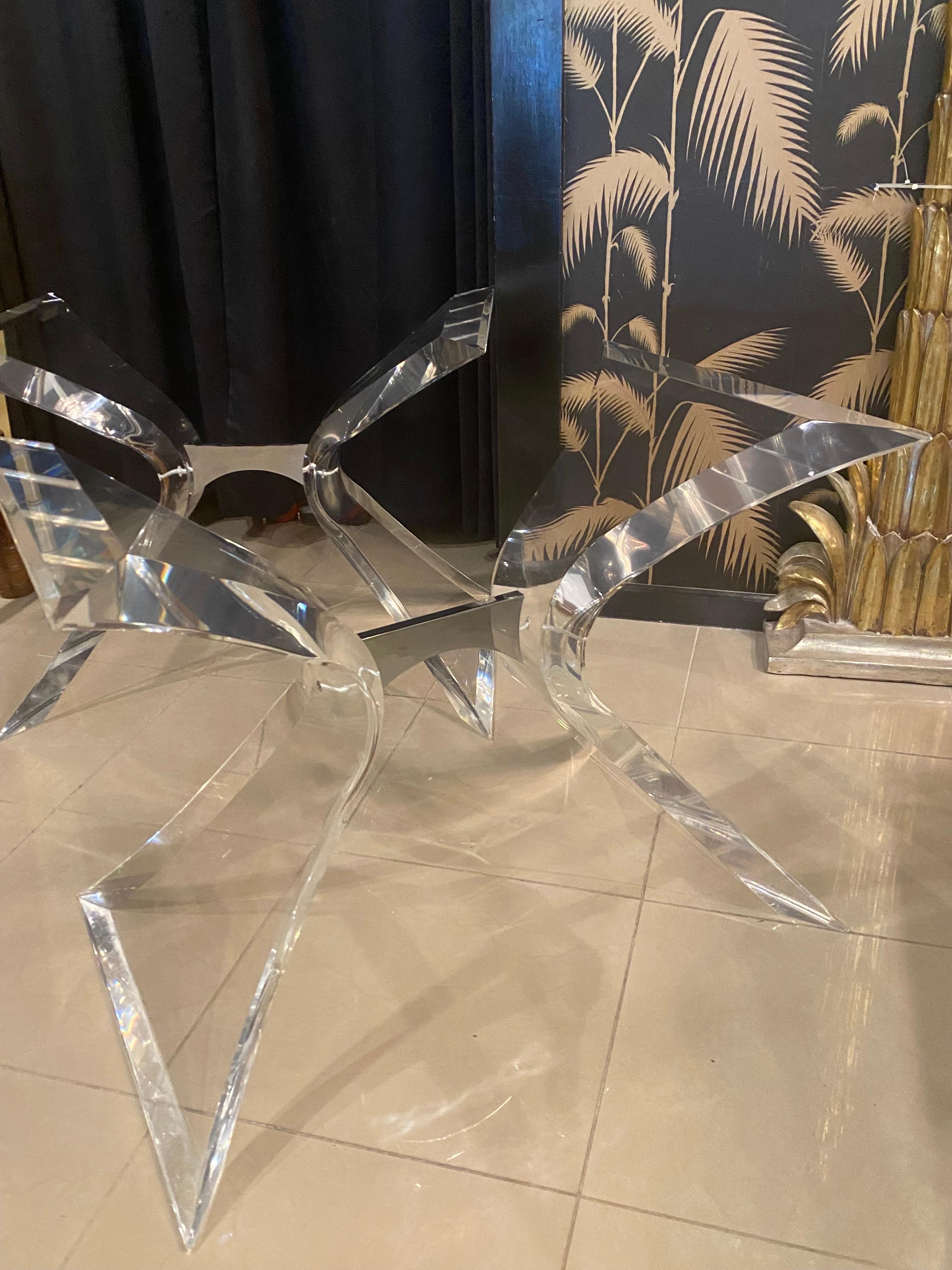 Vintage Butterfly Lucite & Chrome Dining Table Console Bases Lion In Frost Style In Good Condition In West Palm Beach, FL