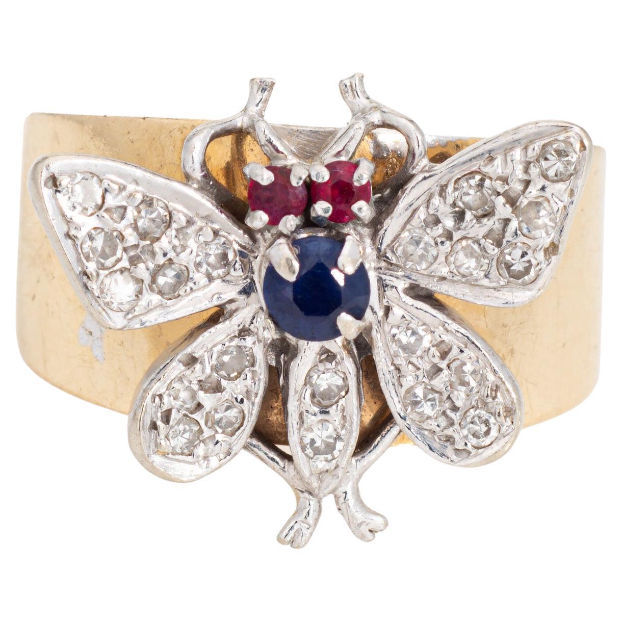 Anillo Mariposa Vintage Oro Amarillo 14k Banda Diamante Gema 6.5 Estate Jewelry