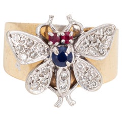 Retro Butterfly Ring 14k Yellow Gold Band Diamond Gemstone 6.5 Estate Jewelry 
