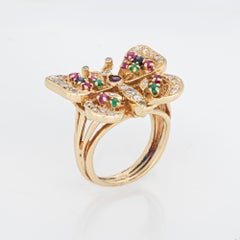 Vintage Butterfly Ring 14k Yellow Gold Diamond Gemstone Sz 4 Pinky Jewelry