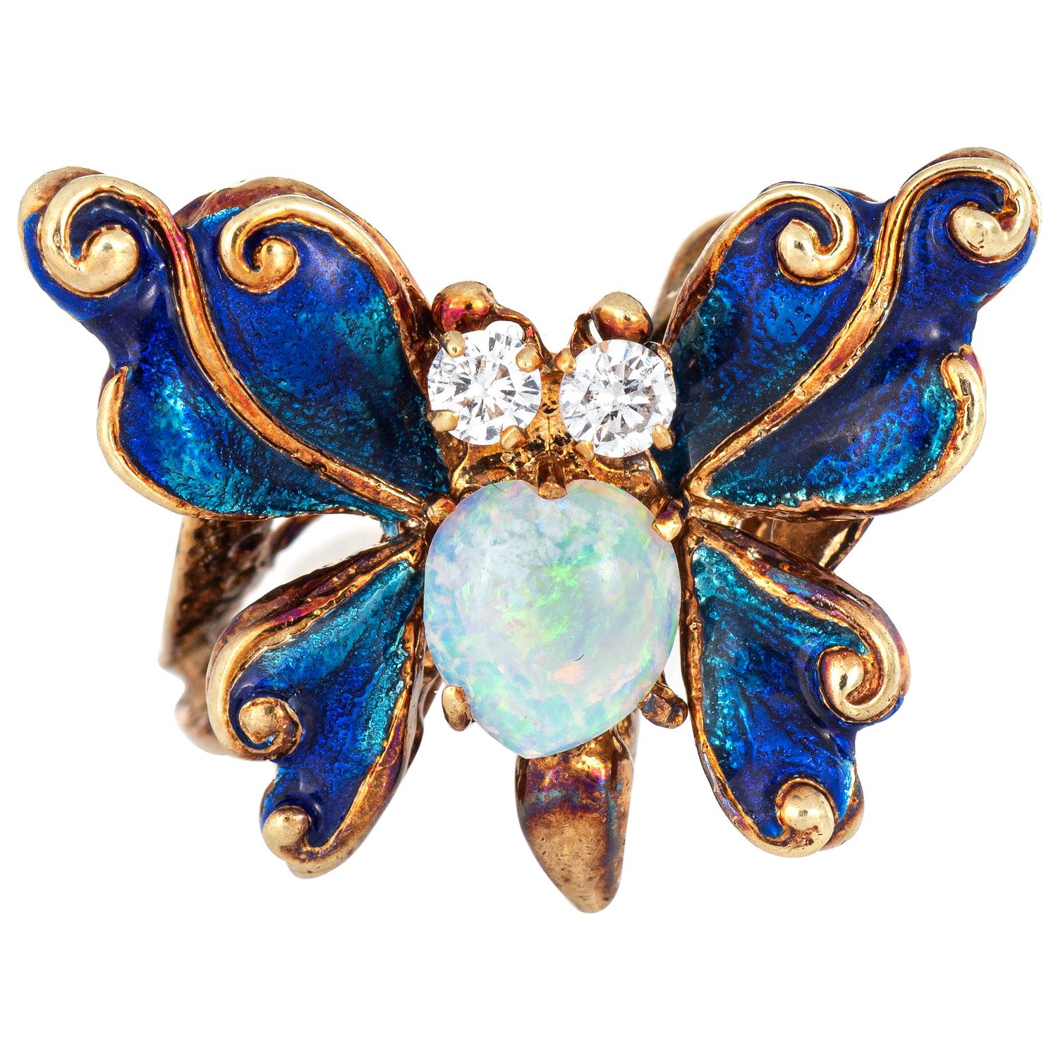 Vintage Butterfly Ring Opal Diamond Blue Enamel Wings 14 Karat Gold Jewelry