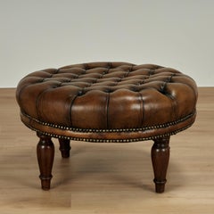 Vintage Button Tufted Leather Ottoman