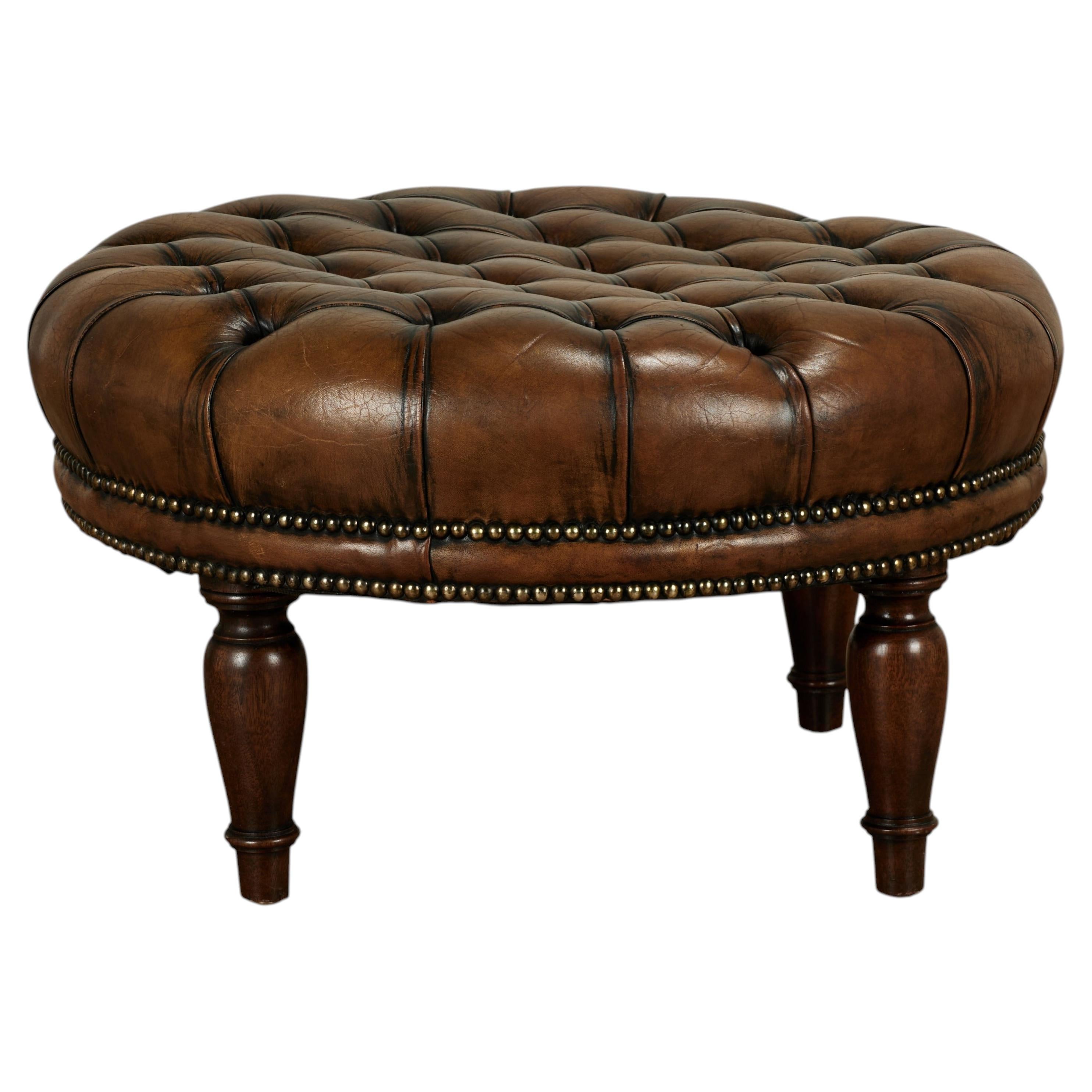 Vintage Button Tufted Leather Ottoman