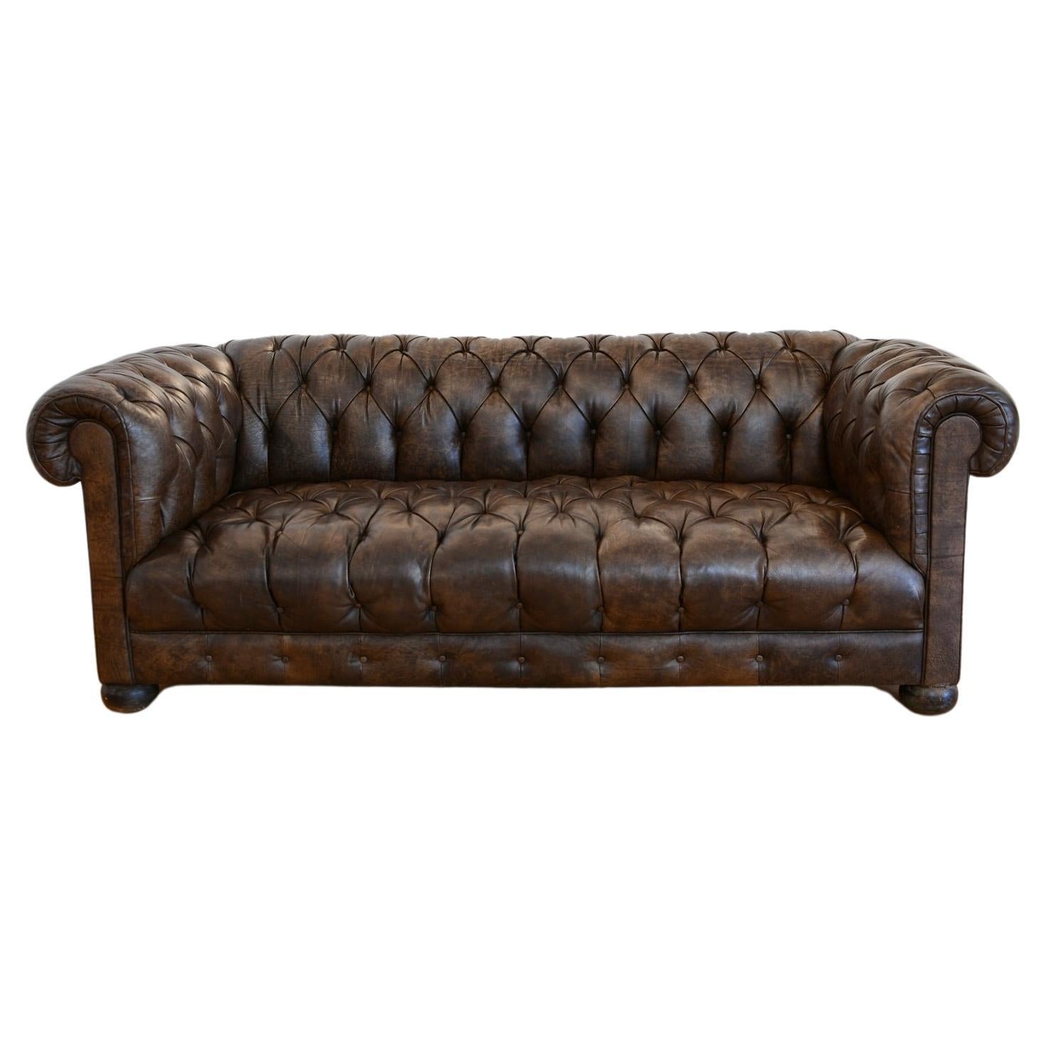Vintage Chesterfield Sofa Brown Leather High Back Three Seats and