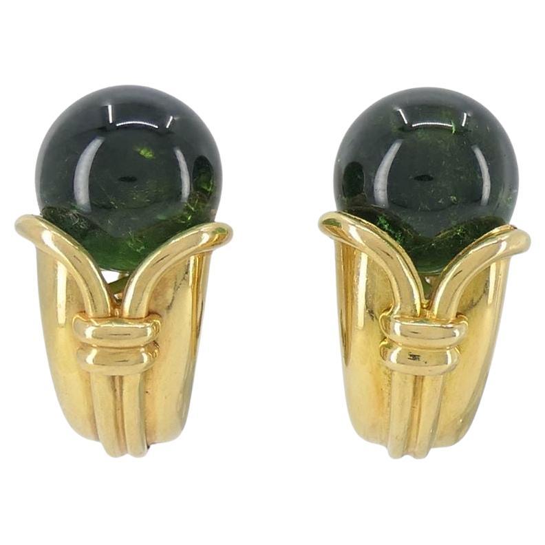 Vintage Bvlgari Boucles d'oreilles Cornucopia en or 18k avec tourmaline verte