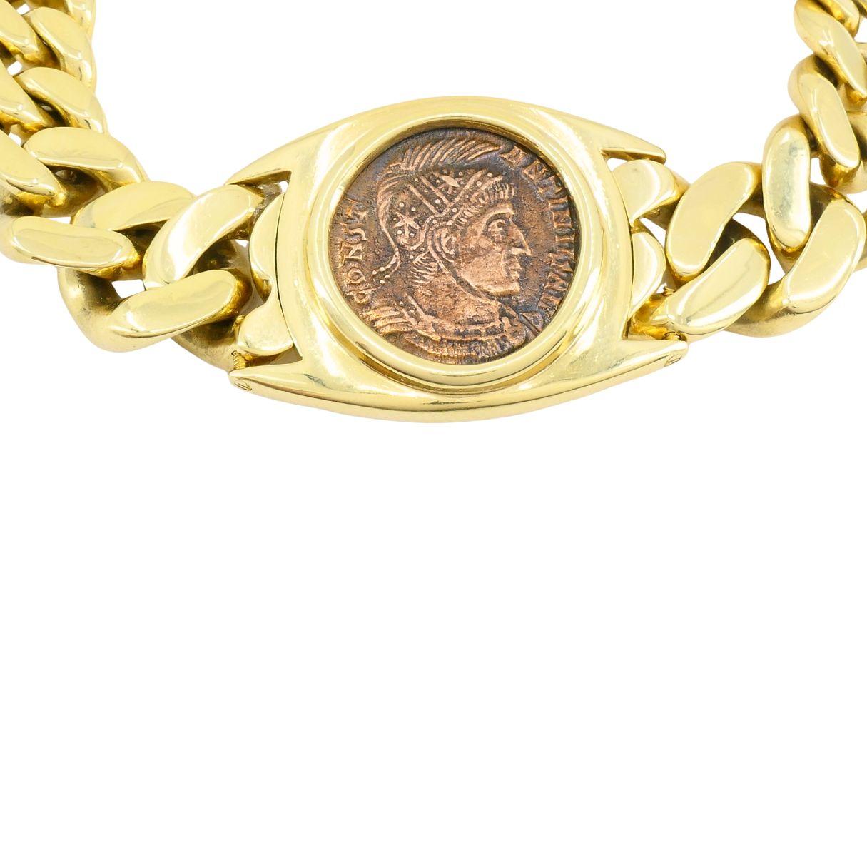 Vintage Bvlgari 18k Gold Monet Bronze Ancient Coin Curblink Bulgari Bracelet Bon état - En vente à Beverly Hills, CA