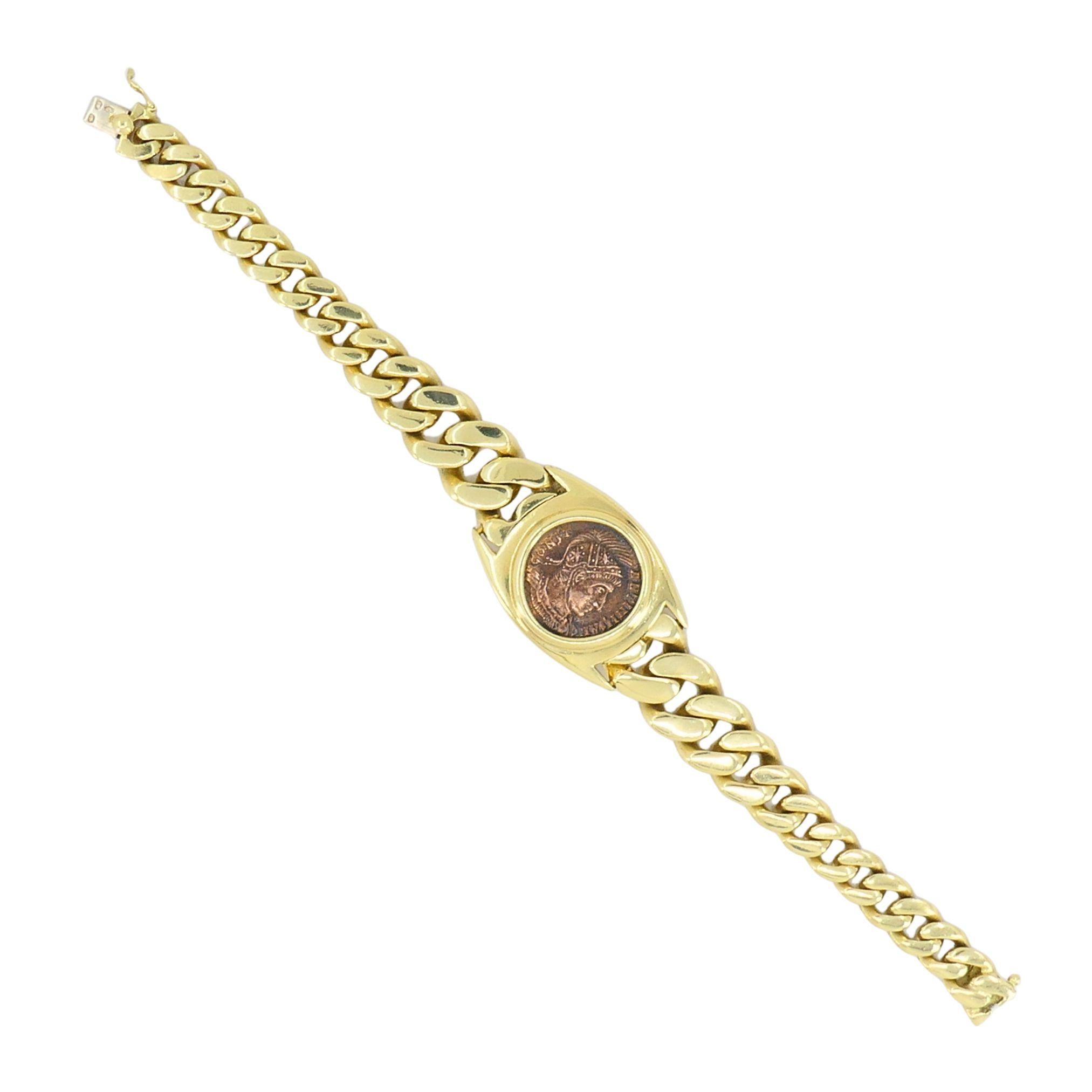 Vintage Bvlgari 18k Gold Monet Bronze Ancient Coin Curblink Bulgari Bracelet Unisexe en vente