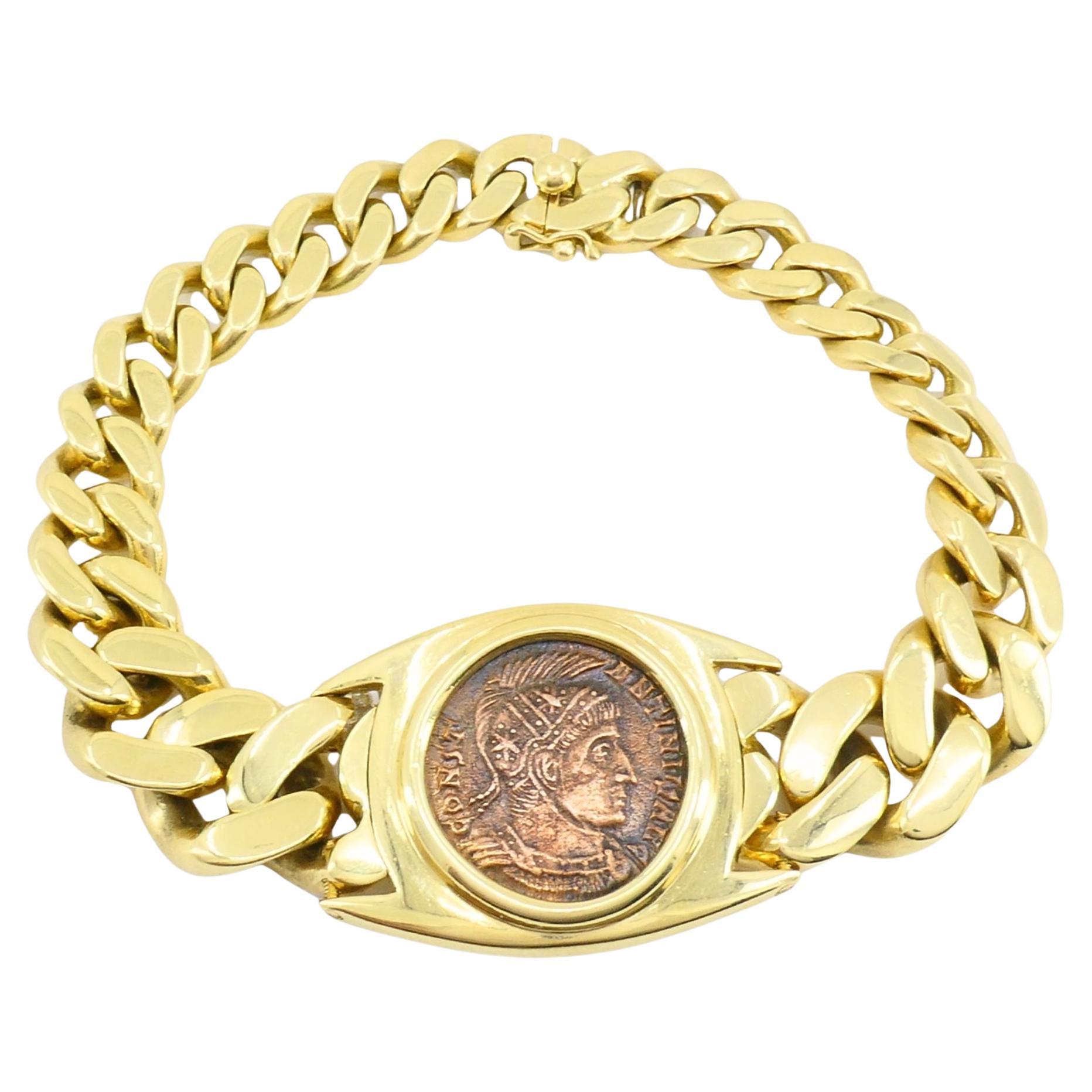 Vintage Bvlgari 18k Oro Monete Bronce Moneda Antigua Curblink Bulgari Pulsera