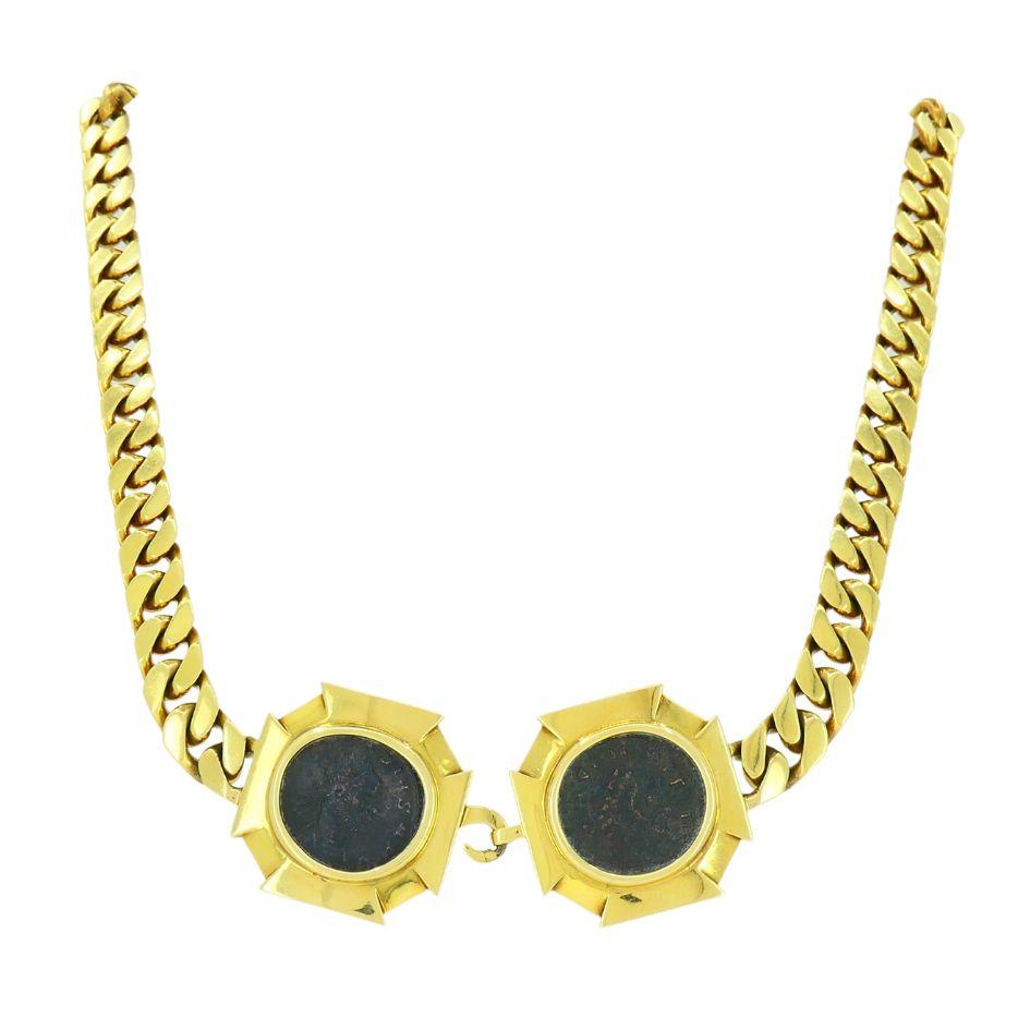 Vintage Bvlgari 18k Gold Monete Double Ancient Coin Necklace In Good Condition For Sale In Beverly Hills, CA