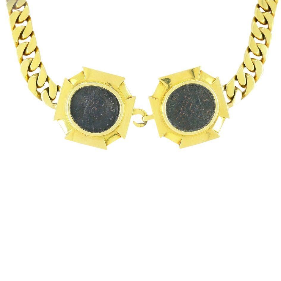 Women's or Men's Vintage Bvlgari 18k Gold Monete Double Ancient Coin Necklace For Sale