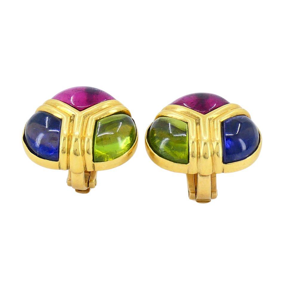 Vintage Bvlgari 18k Gold Saphir Peridot Iolith Edelstein Ohrringe (Cabochon) im Angebot